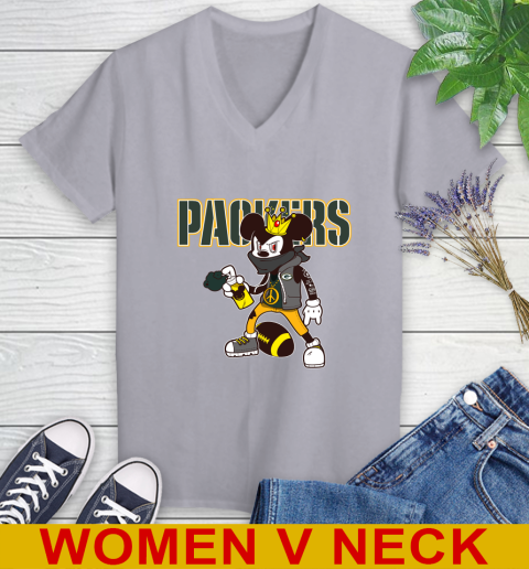 Green Bay Packers NFL Football Mickey Peace Sign Sports Women's V-Neck T-Shirt 5