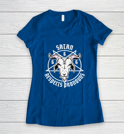 Satan Respects Pronouns Transgender Pentagram Trans Flag Women's V-Neck T-Shirt 5