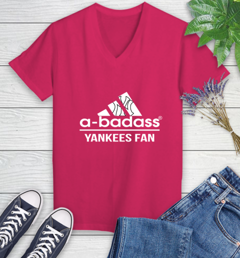 MLB A Badass New York Yankees Fan Adidas Baseball Sports Women's V-Neck T-Shirt 9