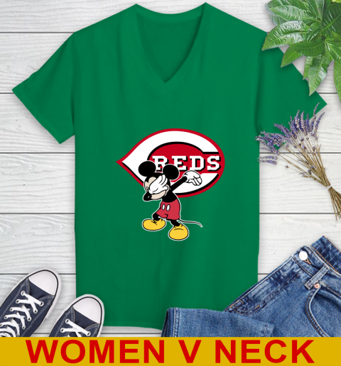 Cincinnati Reds MLB Baseball Dabbing Mickey Disney Sports Women's V-Neck T-Shirt 6