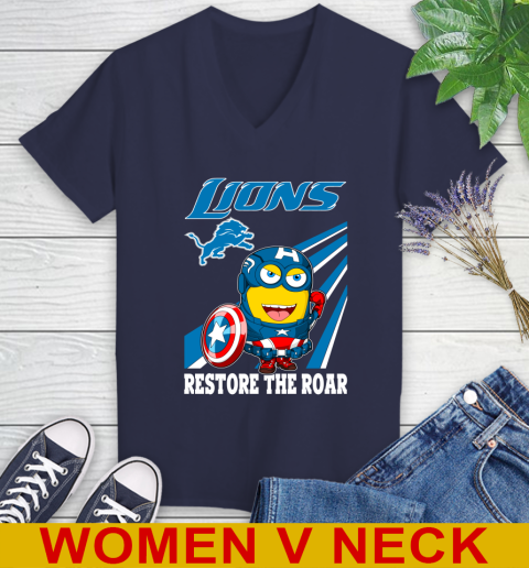 NFL Football Detroit Lions Captain America Marvel Avengers Minion Shirt Women's V-Neck T-Shirt 12