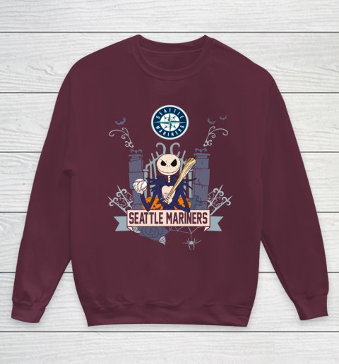 MLB Seattle Mariners Baseball Jack Skellington Halloween Youth Sweatshirt 4