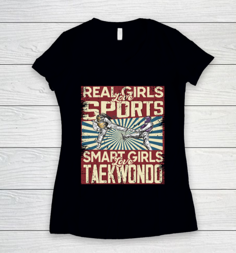 Real girls love sports smart girls love taekwondo Women's V-Neck T-Shirt
