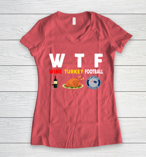 New England Patriots Giving Day WTF Wine Turkey Football NFL Women's V-Neck T-Shirt - Image 5