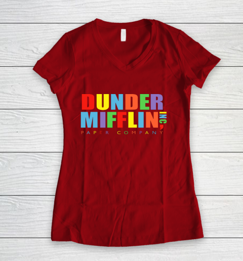 The Office Dunder Mifflin Rainbow Letters Women's V-Neck T-Shirt 8