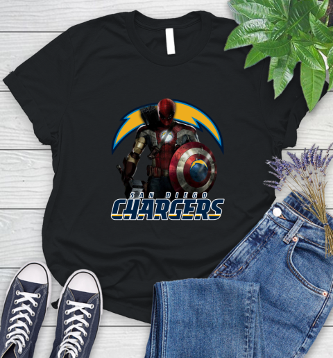 NFL Captain America Thor Spider Man Hawkeye Avengers Endgame Football San Diego Chargers Women's T-Shirt 2