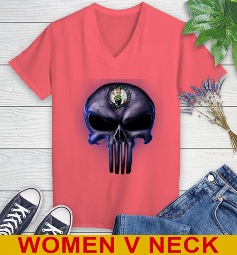 Boston Celtics NBA Basketball Punisher Skull Sports Women's V-Neck T-Shirt 6