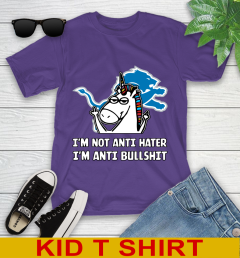 Detroit Lions NFL Football Unicorn I'm Not Anti Hater I'm Anti Bullshit Youth T-Shirt 4