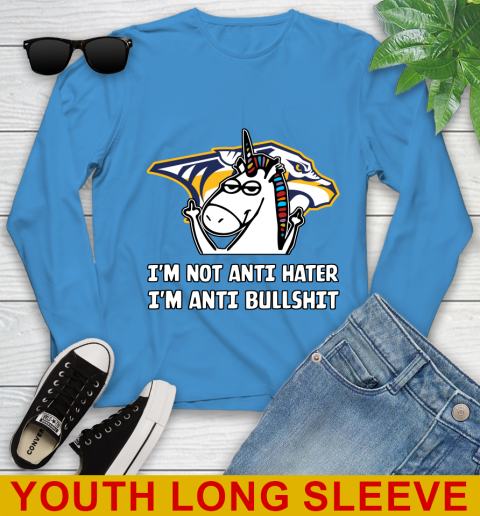 Nashville Predators NHL Hockey Unicorn I'm Not Anti Hater I'm Anti Bullshit Youth Long Sleeve 8