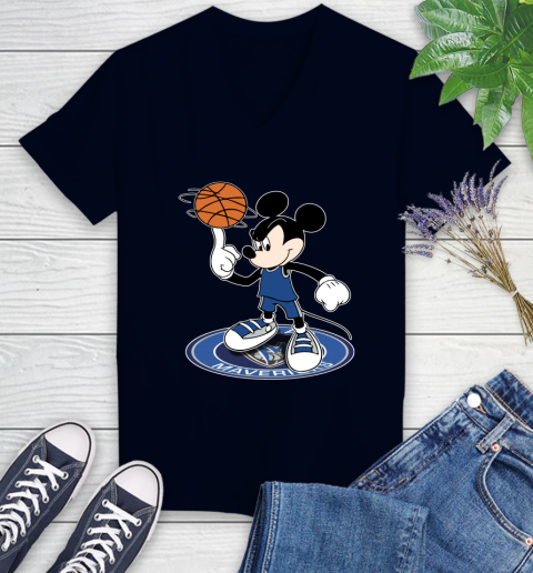 NBA Basketball Dallas Mavericks Cheerful Mickey Disney Shirt Women's V-Neck T-Shirt 3