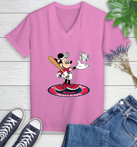 MLB Baseball Cleveland Indians Cheerful Mickey Disney Shirt Women's V-Neck T-Shirt 12