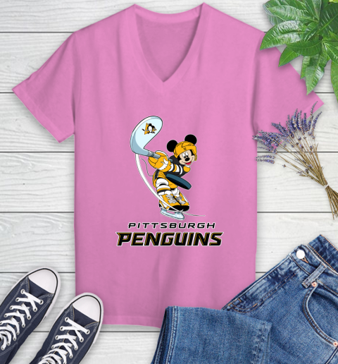 NHL Hockey Pittsburgh Penguins Cheerful Mickey Mouse Shirt Women's V-Neck T-Shirt 12