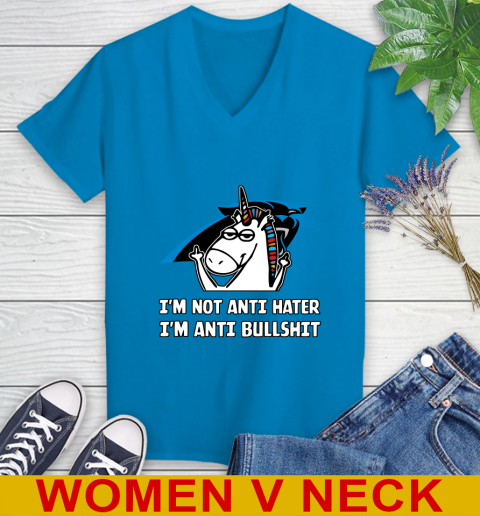 Carolina Panthers NFL Football Unicorn I'm Not Anti Hater I'm Anti Bullshit Women's V-Neck T-Shirt 8