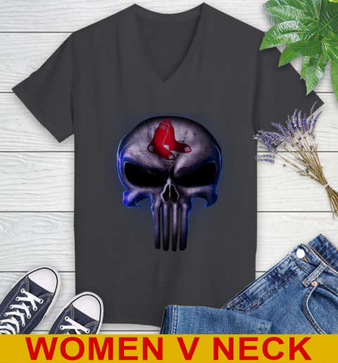Boston Red Sox MLB Baseball Punisher Skull Sports Women's V-Neck T-Shirt 8