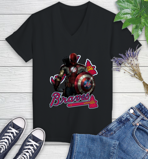 MLB Captain America Thor Spider Man Hawkeye Avengers Endgame Baseball Atlanta Braves Women's V-Neck T-Shirt 2