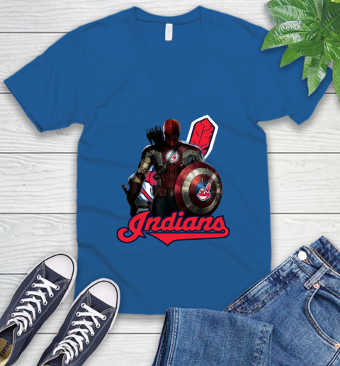 MLB Captain America Thor Spider Man Hawkeye Avengers Endgame Baseball Cleveland Indians V-Neck T-Shirt 6