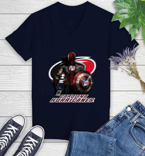 NHL Captain America Thor Spider Man Hawkeye Avengers Endgame Hockey Carolina Hurricanes Women's V-Neck T-Shirt 3