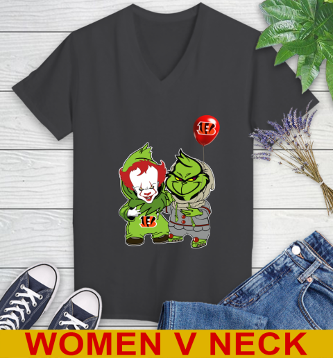 Cincinnati Bengals Baby Pennywise Grinch Christmas NFL Football Women's V-Neck T-Shirt 9