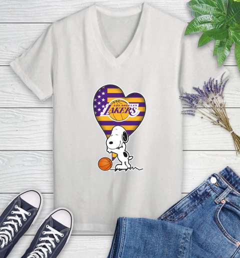 Los Angeles Lakers NBA Basketball The Peanuts Movie Adorable Snoopy Women's V-Neck T-Shirt