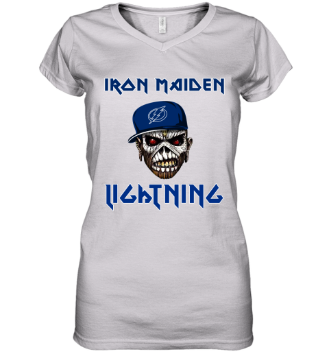 NHL Tampa Bay Lightning Iron Maiden Rock Band Music Hockey Sports l41EzFAv4X8 women v neck t shirt 39 95 151514 front white