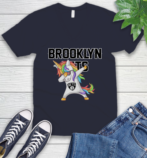 Brooklyn Nets NBA Basketball Funny Unicorn Dabbing Sports V-Neck T-Shirt 3