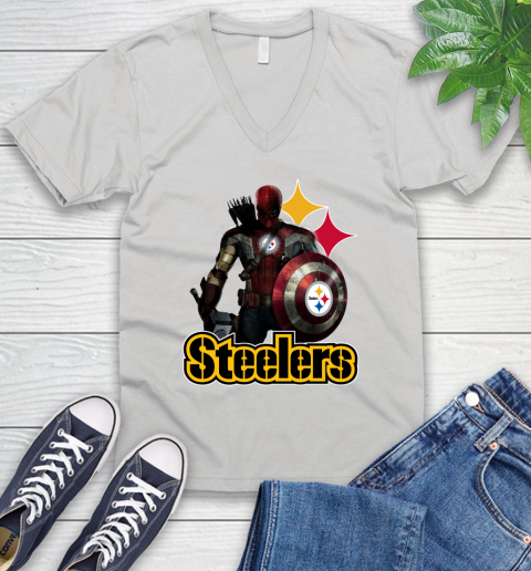 NFL Captain America Thor Spider Man Hawkeye Avengers Endgame Football Pittsburgh Steelers V-Neck T-Shirt
