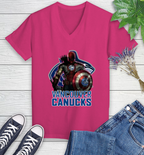NHL Captain America Thor Spider Man Hawkeye Avengers Endgame Hockey Vancouver Canucks Women's V-Neck T-Shirt 9