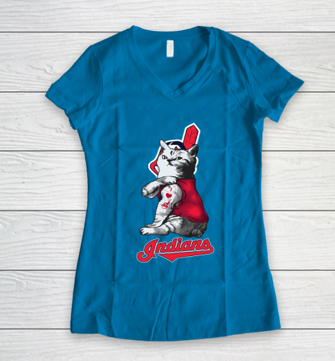 MLB Baseball My Cat Loves Cleveland Indians Women's V-Neck T-Shirt 5
