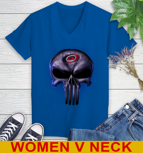 Carolina Hurricanes NHL Hockey Punisher Skull Sports Women's V-Neck T-Shirt 9