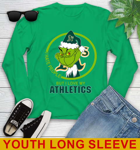 Oakland Athletics MLB Christmas Grinch I Hate People But I Love My Favorite Baseball Team Youth Long Sleeve 7