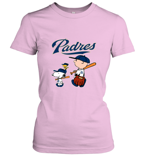 nfpk san diego padres lets play baseball together snoopy mlb shirt ladies t shirt 20 front light pink