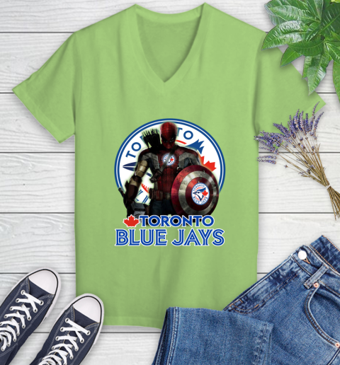 MLB Captain America Thor Spider Man Hawkeye Avengers Endgame Baseball Toronto Blue Jays Women's V-Neck T-Shirt 11