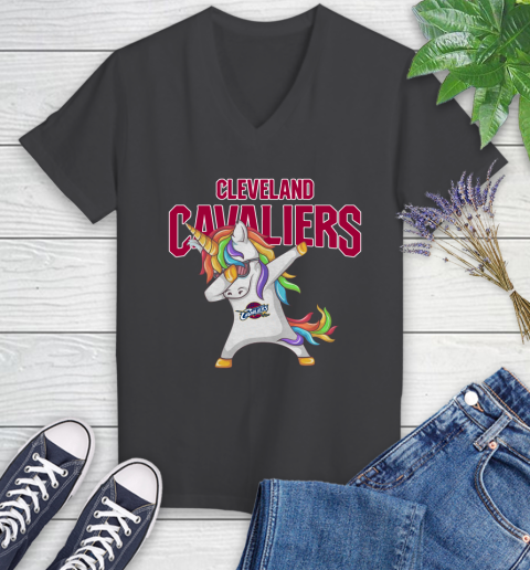 Cleveland Cavaliers NBA Basketball Funny Unicorn Dabbing Sports Women's V-Neck T-Shirt 8