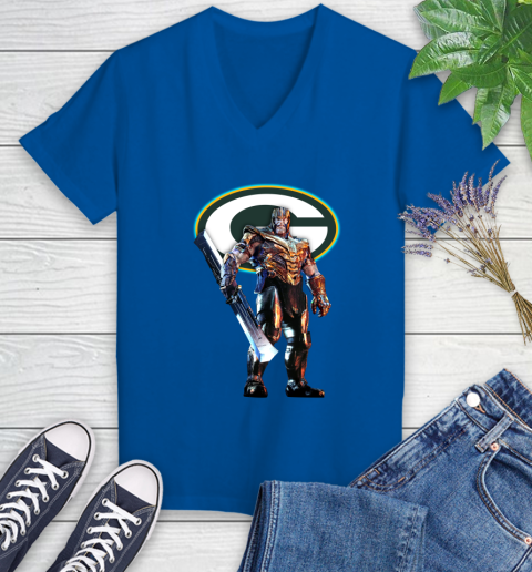 NFL Thanos Gauntlet Avengers Endgame Football Green Bay Packers Women's V-Neck T-Shirt 10