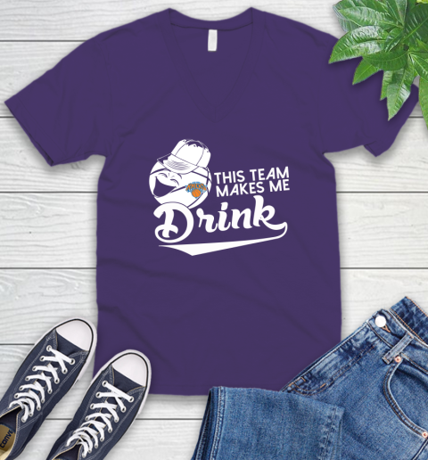 New York Knicks NBA Basketball This Team Makes Me Drink Adoring Fan V-Neck T-Shirt 9