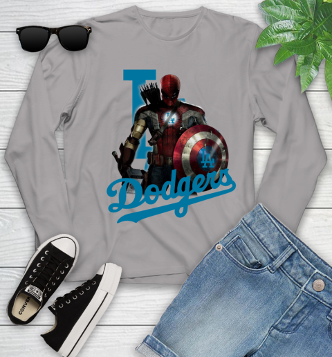 MLB Captain America Thor Spider Man Hawkeye Avengers Endgame Baseball Los Angeles Dodgers Youth Long Sleeve 5