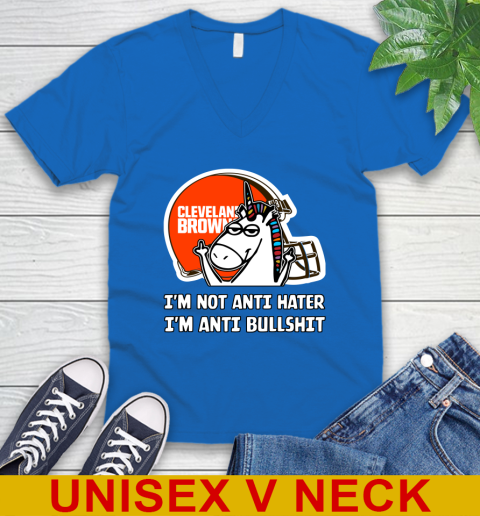 Cleveland Browns NFL Football Unicorn I'm Not Anti Hater I'm Anti Bullshit V-Neck T-Shirt 6