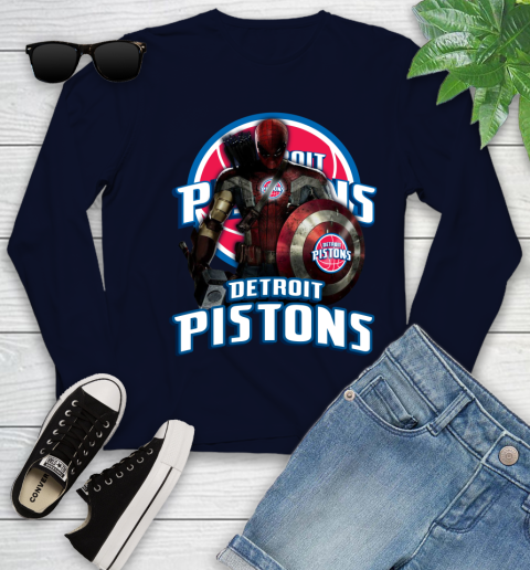 Detroit Pistons NBA Basketball Captain America Thor Spider Man Hawkeye Avengers Youth Long Sleeve 3