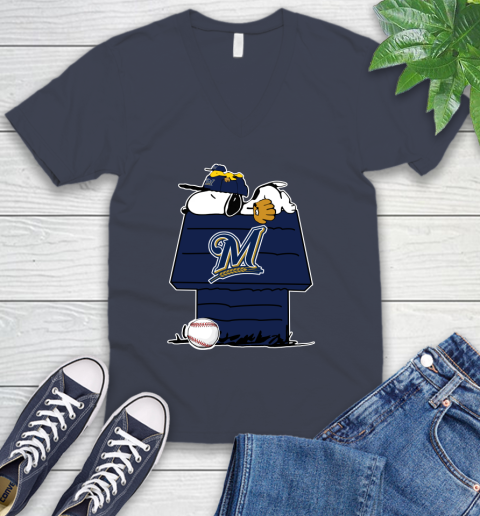 MLB Milwaukee Brewers Snoopy Woodstock The Peanuts Movie Baseball T Shirt V-Neck T-Shirt 9