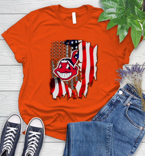 Cleveland Indians MLB Baseball American Flag Women's T-Shirt 3