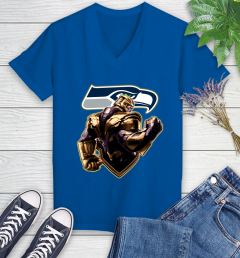 NFL Thanos Avengers Endgame Football Sports Seattle Seahawks Women's V-Neck T-Shirt 10