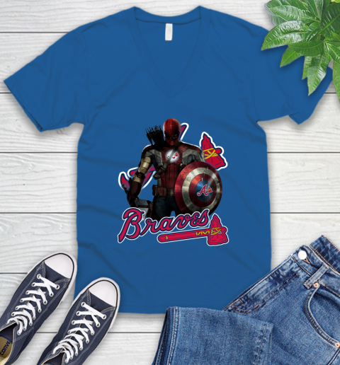 MLB Captain America Thor Spider Man Hawkeye Avengers Endgame Baseball Atlanta Braves V-Neck T-Shirt 6