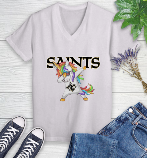 New Orleans Saints NFL Football Funny Unicorn Dabbing Sports Women's V-Neck T-Shirt