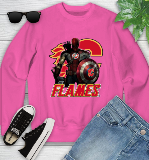 NHL Captain America Thor Spider Man Hawkeye Avengers Endgame Hockey Calgary Flames Youth Sweatshirt 7