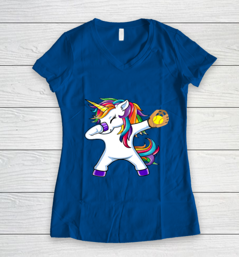 Dabbing Unicorn Softball T Shirt Funny Dab Gift Women's V-Neck T-Shirt 9