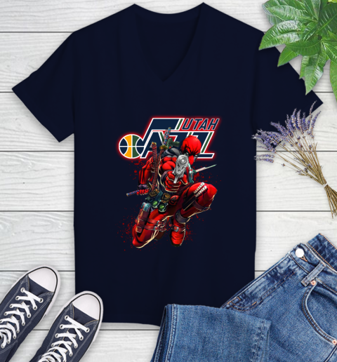 NBA Deadpool Marvel Comics Sports Basketball Utah Jazz Women's V-Neck T-Shirt 3