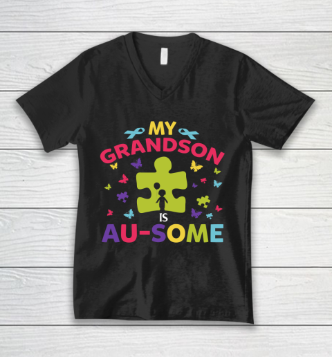 My Autistic Grandson Is Awesome Autism Awareness Family V-Neck T-Shirt