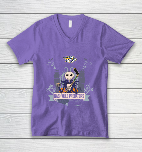 NHL Nashville Predators Hockey Jack Skellington Halloween V-Neck T-Shirt 8