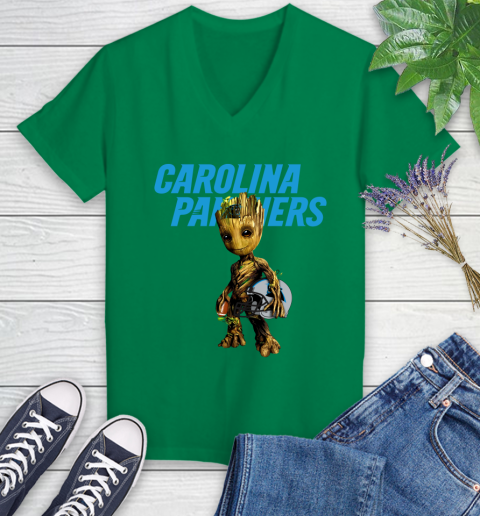 Carolina Panthers NFL Football Groot Marvel Guardians Of The Galaxy Women's V-Neck T-Shirt 5