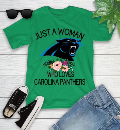 NFL Just A Woman Who Loves Carolina Panthers Football Sports Youth T-Shirt 3